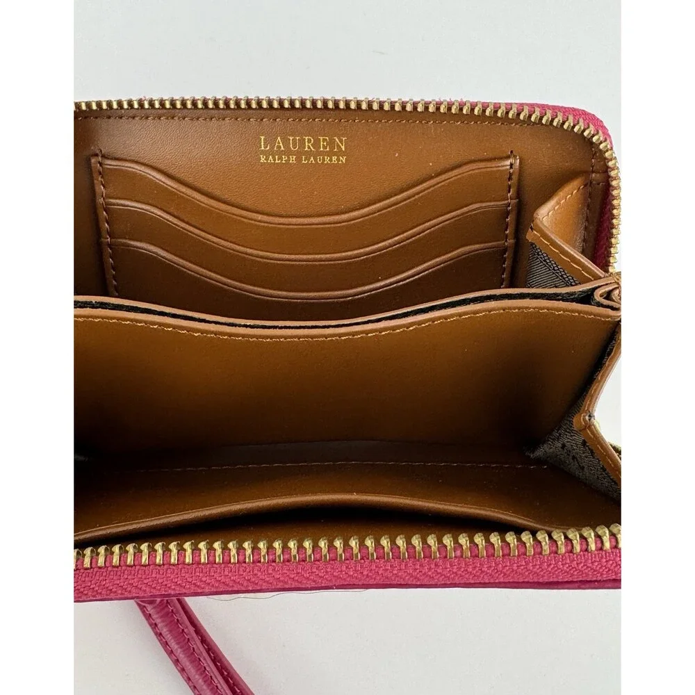 Lauren Ralph Lauren Pink Leather Wristlet Zip Around Wallet With Gold Hardware